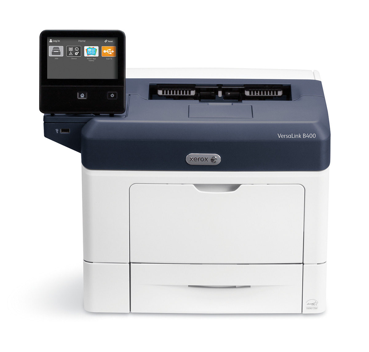 Imprimante laser monochrome Xerox VersaLink B400 avec un design moderne et compact, écran tactile couleur intuitif, destinée aux tâches d'impression quotidiennes en entreprise, disponible chez Xerox D&O Partners.