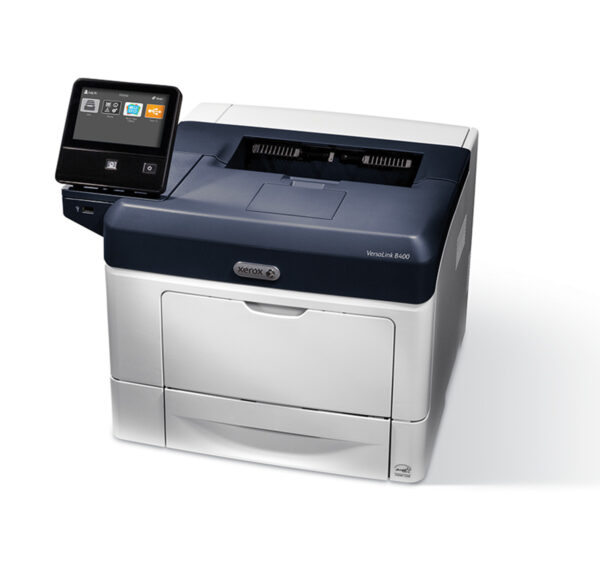 Imprimante laser monochrome Xerox VersaLink B400 avec un design moderne et compact, écran tactile couleur intuitif, destinée aux tâches d'impression quotidiennes en entreprise, disponible chez Xerox D&O Partners.