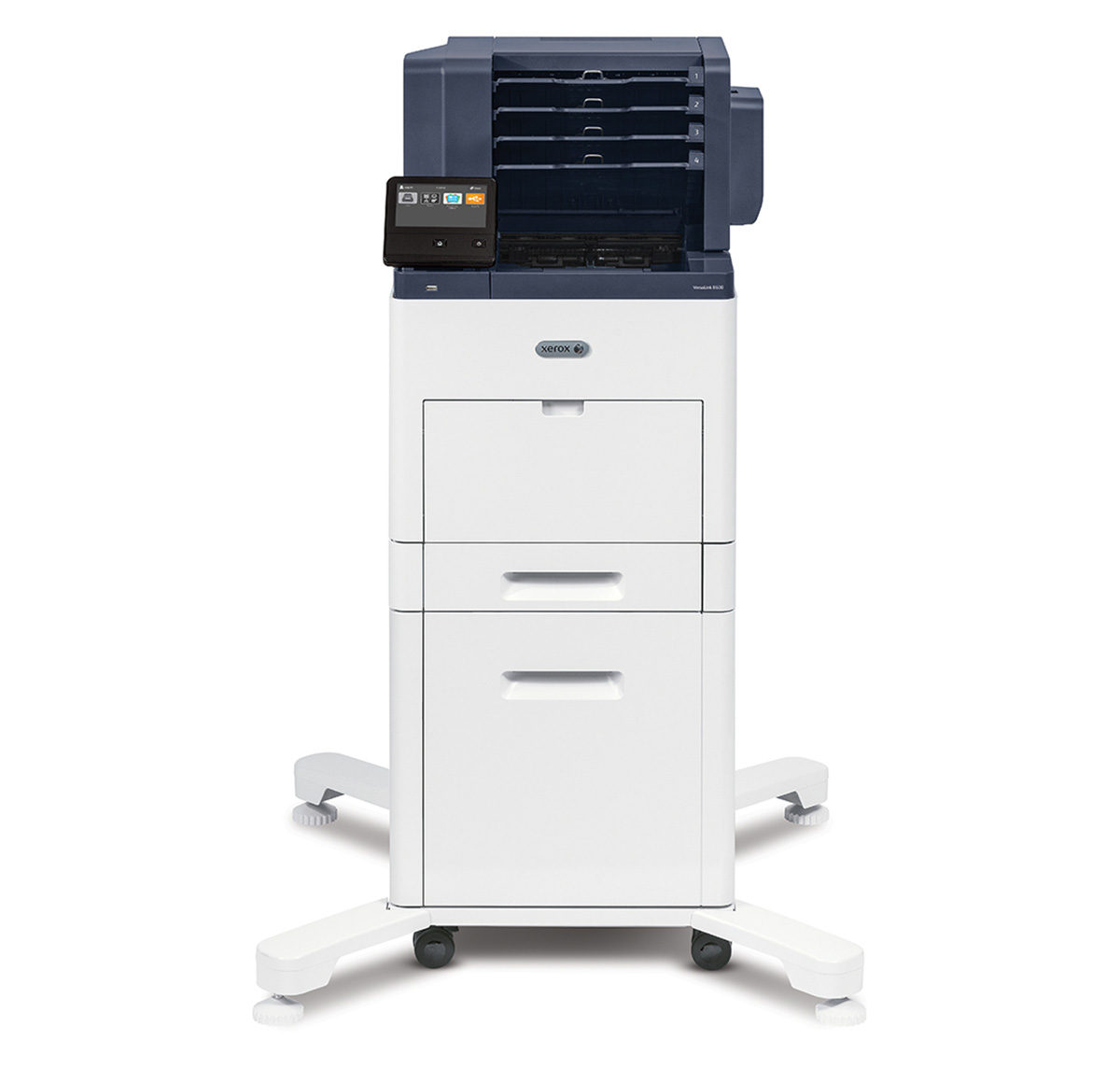 Imprimante Xerox VersaLink B600 équipée d'un socle sur roulettes et d'un un module de répartition de travaux, représentant une solution d'impression efficace et moderne pour les entreprises, proposée par Xerox D&O Partners.