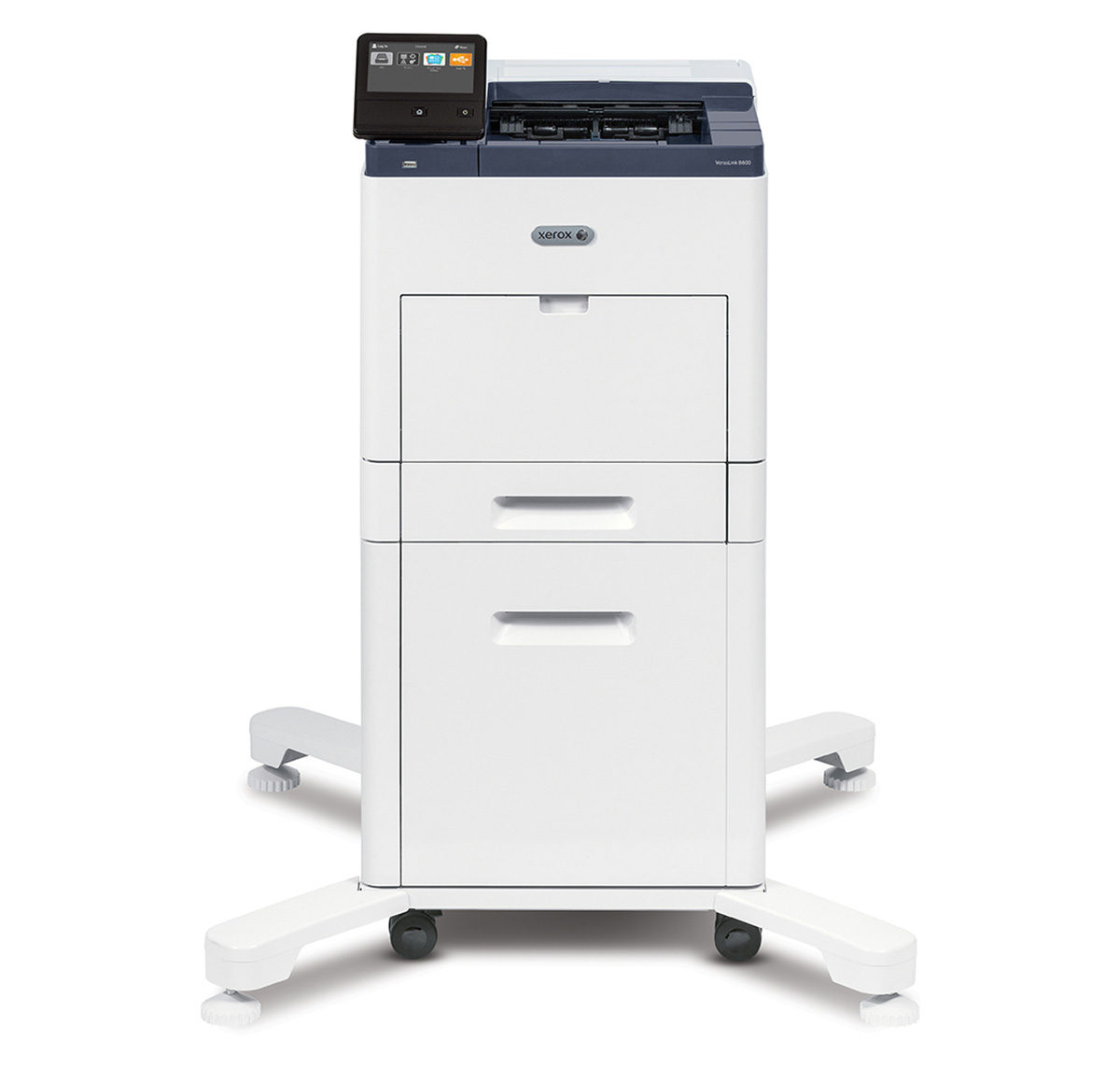 Imprimante Xerox VersaLink B610 équipée d'un socle sur roulettes et d'un panneau de commande tactile, représentant une solution d'impression efficace et moderne pour les entreprises, proposée par Xerox D&O Partners.