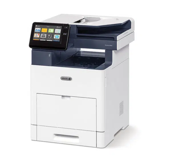 Imprimante multifonction Xerox VersaLink B605/B615 monochrome avec interface utilisateur sur écran tactile, conçue pour améliorer l'efficacité au bureau, disponible via Xerox D&O Partners.