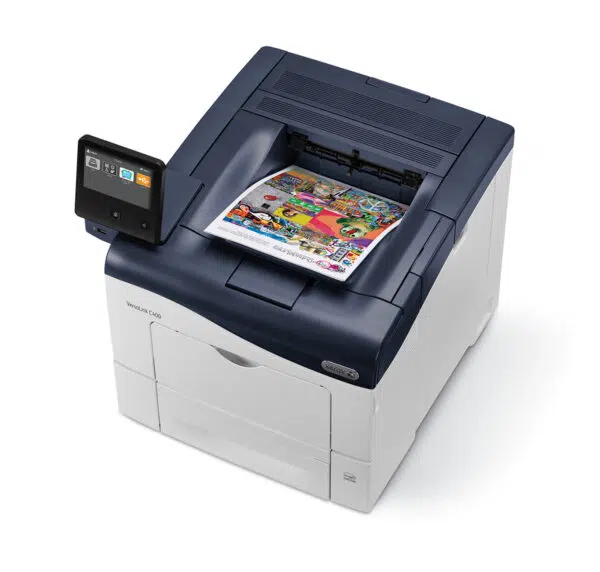 Imprimante couleur Xerox VersaLink C400 avec écran tactile, conçue pour optimiser la productivité avec des fonctionnalités de connectivité avancées, offerte par Xerox D&O Partners pour les environnements de bureau modernes.