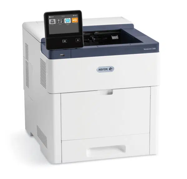 Imprimante laser couleur Xerox VersaLink C500 dotée d'un écran tactile compact et pratique pour une navigation intuitive, conçue pour offrir une qualité d'impression supérieure par Xerox D&O Partners.