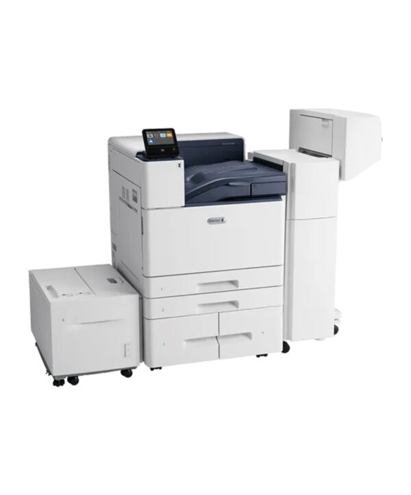 Imprimante multifonction Xerox VersaLink C8000 avec finisseur et plusieurs bacs à papier, montrant un équipement complet pour les besoins d'impression professionnels, disponible chez D&O Partners