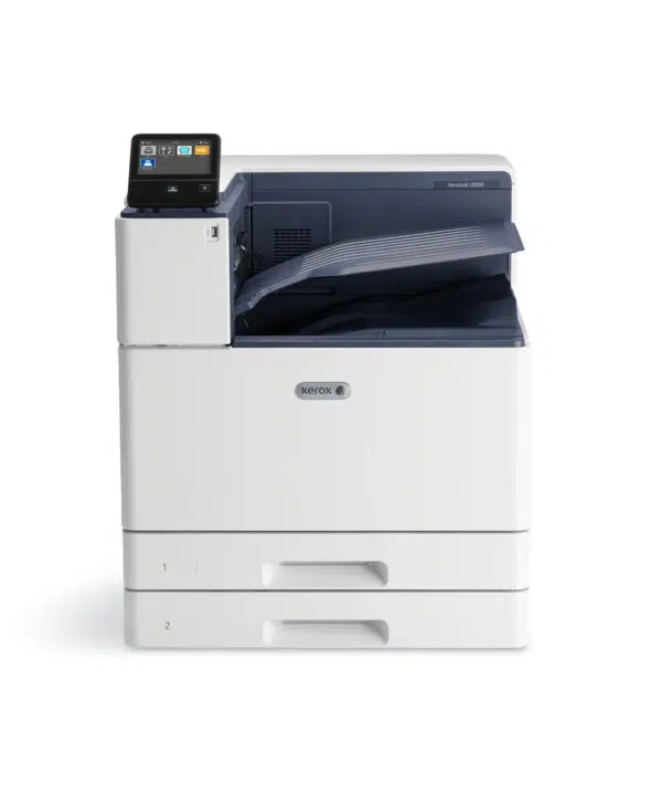 Xerox VersaLink C8000 hoogwaardige kleurenprinter. Dit model is voorzien van een duidelijk kleurentouchscreen voor eenvoudige bediening en meerdere papierlades voor verschillende papierformaten, ideaal voor drukke kantooromgevingen die professionele afdrukkwaliteit vereisen.