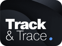 Het app-icoon voor de 'TBC Track & Trace' service van D&O Partners, met gestileerde tekst en een blauwe stip, symboliseert technologie voor het volgen van documenten en pakketten.
