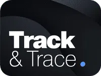 Het app-icoon voor de 'TBC Track & Trace' service van D&O Partners, met gestileerde tekst en een blauwe stip, symboliseert technologie voor het volgen van documenten en pakketten.