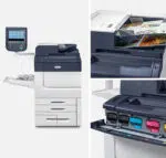 View of the Xerox PrimeLink C9065/C9070 multifunction colour printer with colour document output and open ink compartments, illustrating Xerox D&O Partners' high quality printing and toner customisation capabilities for business needs.