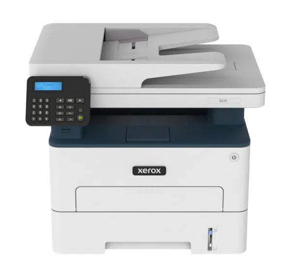 A compact, modern Xerox B225 multifunction printer with print, copy, scan and fax capabilities, representative of the innovative office solutions offered by Xerox D&O Partners.