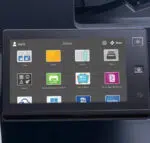 Close-up touch screen of the Xerox multifunction colour printer, displaying interactive icons for functions such as copying, email, faxing and more, illustrating Xerox's intuitive user interface and state-of-the-art technology.