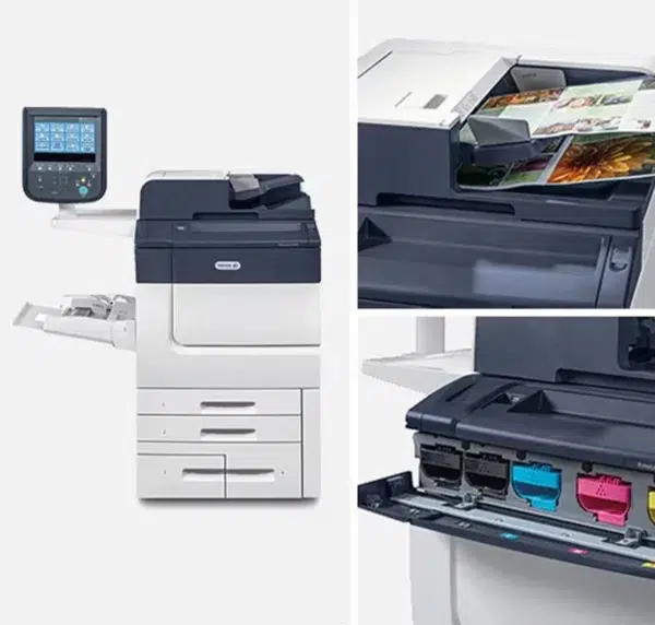 Set of three views of the Xerox PrimeLink C9065/C9070 multifunction printer, highlighting the interactive touch screen, high-quality colour print output, and toner cartridges, illustrating the advanced functionality and efficiency of the series for dynamic printing needs at Xerox D&O Partners.