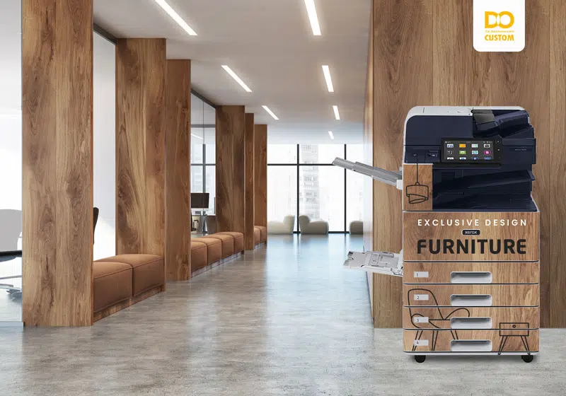 Customised Xerox photocopier with exclusive furniture design in a modern corporate lobby, reflecting the bespoke customisation service offered by D&O Partners.