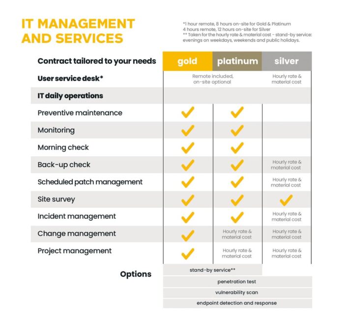 Overview of the IT management and services offered by D&O Partners, including the different service packages: Gold, Platinum and Silver. The checklist shows different services such as user helpdesk, day-to-day IT operations and preventive maintenance, with specific services available per package type indicated by ticks.