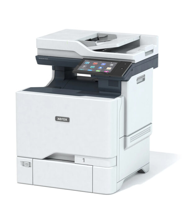 Afbeelding van een Xerox VersaLink C625 multifunctionele printer. Deze printer kenmerkt zich door zijn gestroomlijnde witte ontwerp, een prominente kleurentouchscreen voor bediening en meerdere papierladen. Geschikt voor kantooromgevingen die behoefte hebben aan printen, kopiëren, scannen en faxen met hoge efficiëntie en gebruiksgemak.