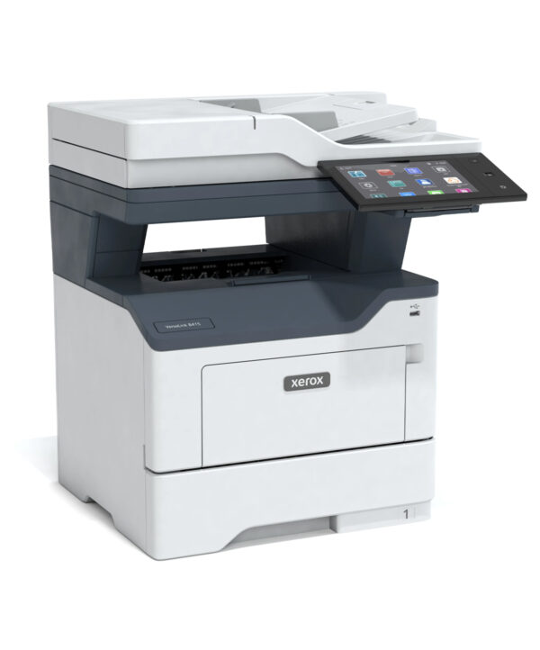 Imprimante multifonction VersaLink B415 de Xerox, équipée d'un écran tactile couleur et de fonctions de copie, de numérisation et d'impression, conçue pour une intégration et une productivité accrues dans les environnements de bureau modernes