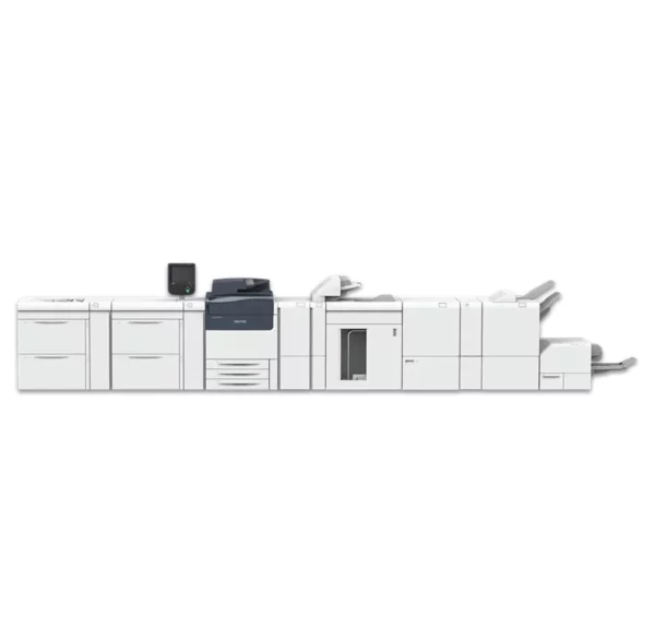 Xerox Versant 280 digital press, equipped with multiple trays and finishing modules, ready for high-performance printing operations, available from D&O Partners.