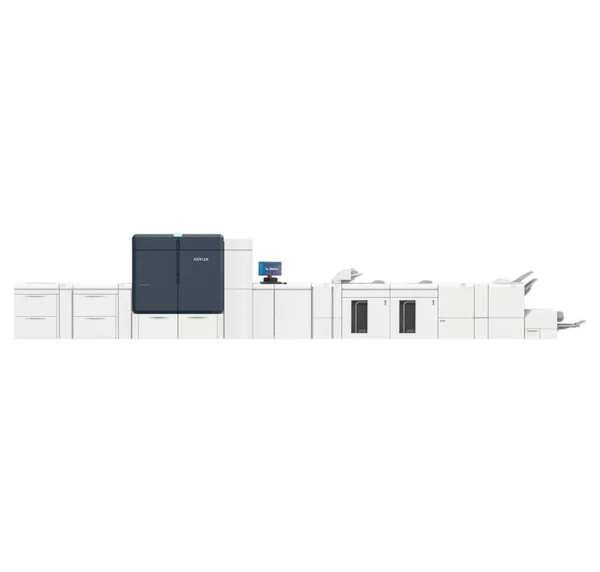 Configuration complète du système d'impression Xerox Iridesse présenté par D&O Partners, montrant une presse professionnelle de grande envergure avec divers modules d'entrée et de finition.