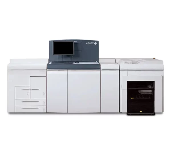 The Xerox Nuvera press system, an advanced high-volume production press for professional printing. The press is equipped with multiple paper trays and a finishing unit, ideal for the printing needs of businesses that demand quality and efficiency.