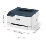 Imprimante couleur Xerox C230 avec indication des dimensions et poids, un produit élégant et compact de D&O Partners, adapté pour les bureaux modernes.