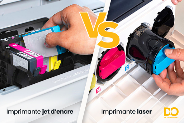 Image comparant une cartouche d'encre jet d'encre à gauche avec des couleurs cyan, magenta, jaune et noir et un toner laser à droite, tous deux de marque Xerox, illustrant les différences entre les technologies d'impression jet d'encre et laser