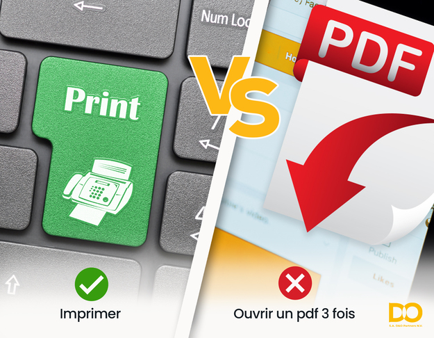 Image contrastant deux actions informatiques : à gauche, la touche 'Imprimer' sur un clavier avec une icône de l'imprimante et un signe de vérification sous le mot 'Imprimer', et à droite, une pile de documents PDF avec une flèche de téléchargement et un signe de refus sous la phrase 'Ouvrir un PDF 3 fois', symbolisant que l'ouverture multiple d'un PDF équivaut à une impression unique