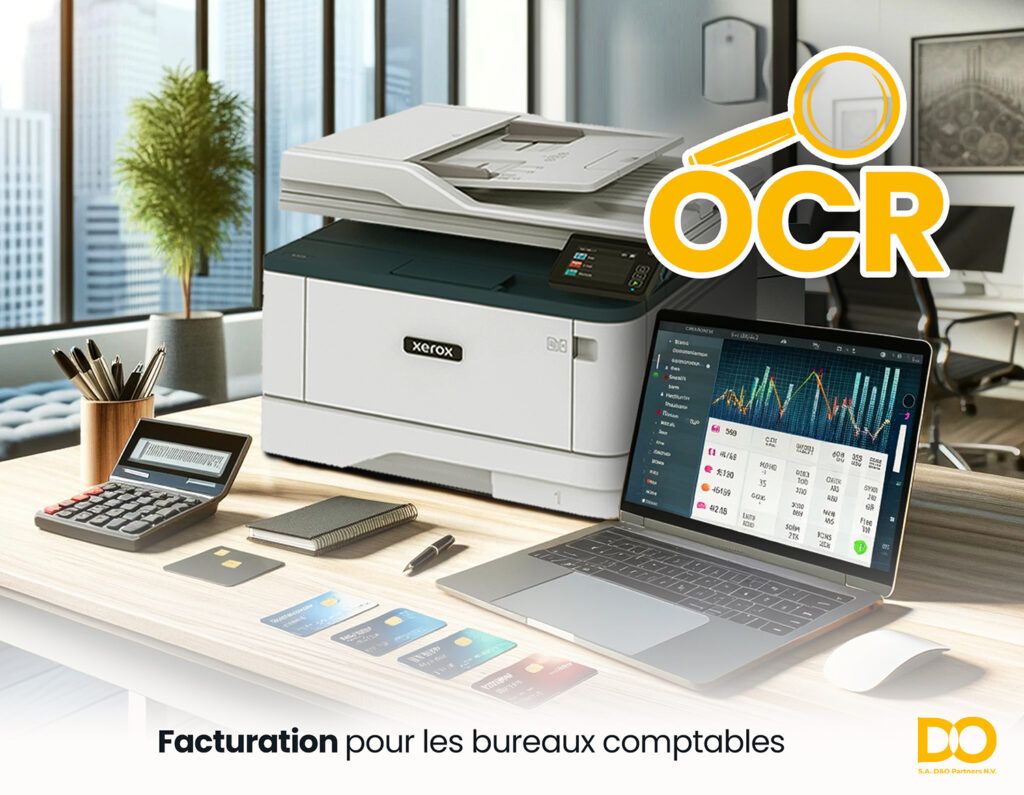 Interface de logiciel de facturation avec reconnaissance optique de caractères (OCR) sur un écran d'ordinateur dans un bureau comptable équipé d'une imprimante Xerox, outils de calcul financier, et plans de comptes sur un bureau