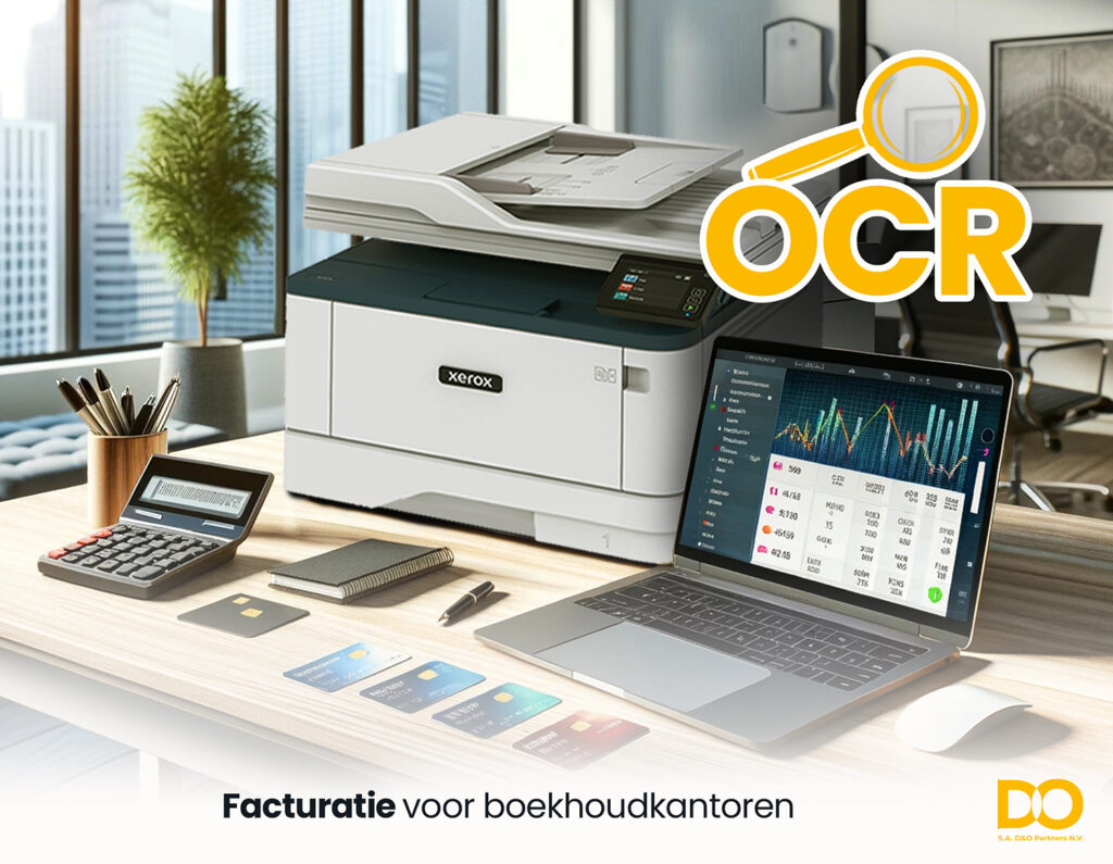 Een Xerox C235 multifunctionele printer op een kantoorwerkplek, ingericht voor boekhoudkundige taken met OCR-functionaliteit. Op de afbeelding is de printer te zien naast kantoorbenodigdheden, zoals een rekenmachine en pennen, met een laptop die financiële spreadsheets toont, wat de efficiëntie en productiviteit voor boekhoudkantoren illustreert.