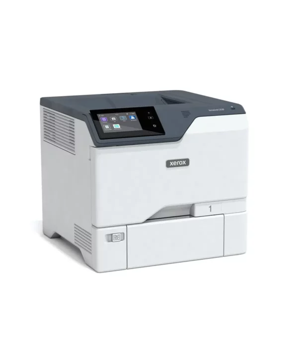 Xerox VersaLink C620 desktop printer. Featuring a prominent color touch screen for easy operation, the printer is a powerful tool for any work environment, with a sleek white body and clearly visible paper tray and controls.