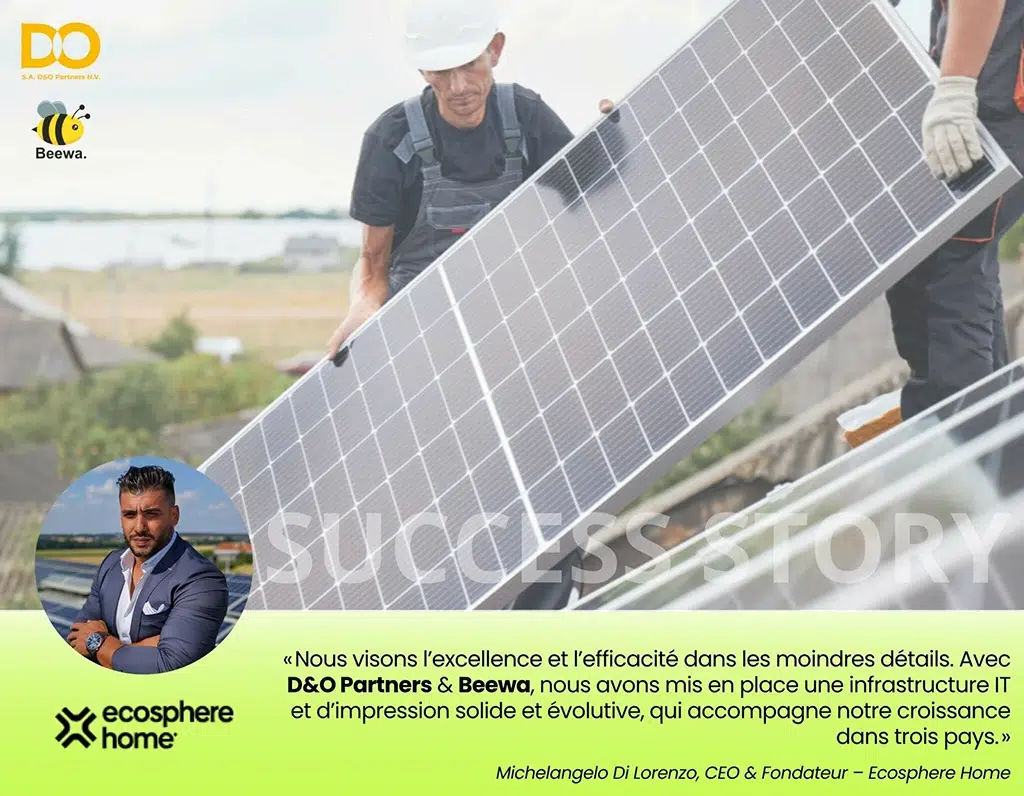 Bannière success story avec des ouvriers installant des panneaux solaires, présentant Michelangelo Di Lorenzo, CEO d’Ecosphere Home, et les logos de DO Partners et Beewa.