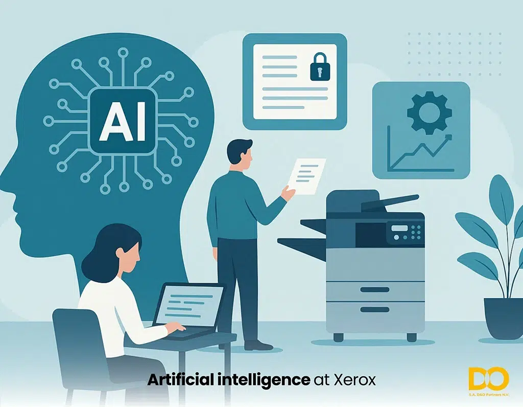 Illustration for an article on how Xerox uses artificial intelligence to enable smart and secure workflows: people working with a printer and laptop, supported by AI symbols representing security, automation, and efficiency.