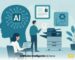 Illustratie bij artikel over hoe Xerox kunstmatige intelligentie inzet voor slimme en veilige workflows: mensen werken met een printer en laptop, ondersteund door AI-symbolen die beveiliging, automatisering en efficiëntie uitbeelden.