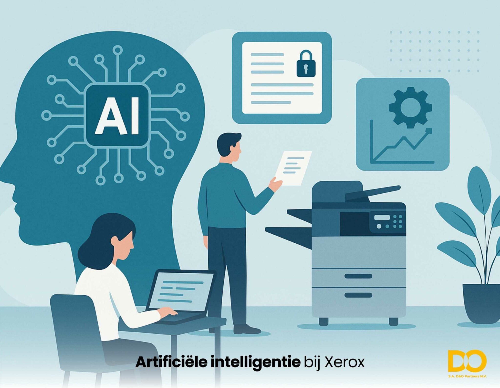 Illustratie bij artikel over hoe Xerox kunstmatige intelligentie inzet voor slimme en veilige workflows: mensen werken met een printer en laptop, ondersteund door AI-symbolen die beveiliging, automatisering en efficiëntie uitbeelden.