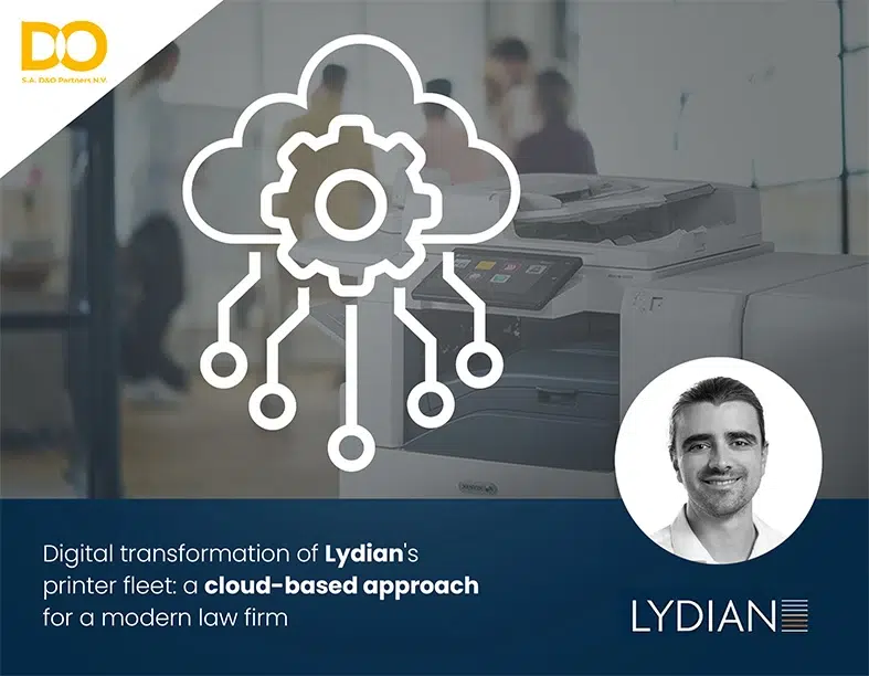 Illustration of the Lydian–Xerox collaboration in Belgium, representing digital transformation and modernization of printing infrastructure at the law firm.