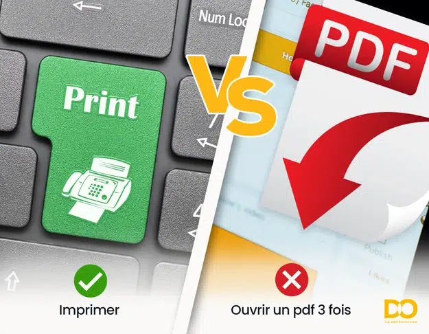 Image contrastant deux actions informatiques : à gauche, la touche 'Imprimer' sur un clavier avec une icône de l'imprimante, et à droite, une pile de documents PDF avec une flèche de téléchargement 'Ouvrir un PDF 3 fois', symbolisant que l'ouverture multiple d'un PDF en ligne équivaut à une impression unique