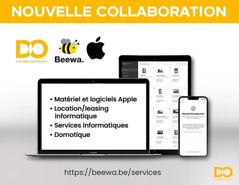 Illustration du partenariat entre Beewa, Apple et Xerox en Belgique, mettant en avant l’intégration innovante du matériel Apple et des solutions Xerox pour les entreprises.