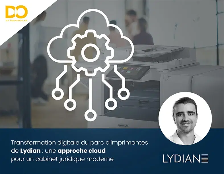 Illustration de la coopération entre Lydian et Xerox en Belgique, représentant la transformation numérique et la modernisation de l’infrastructure d’impression au sein du cabinet d’avocats.