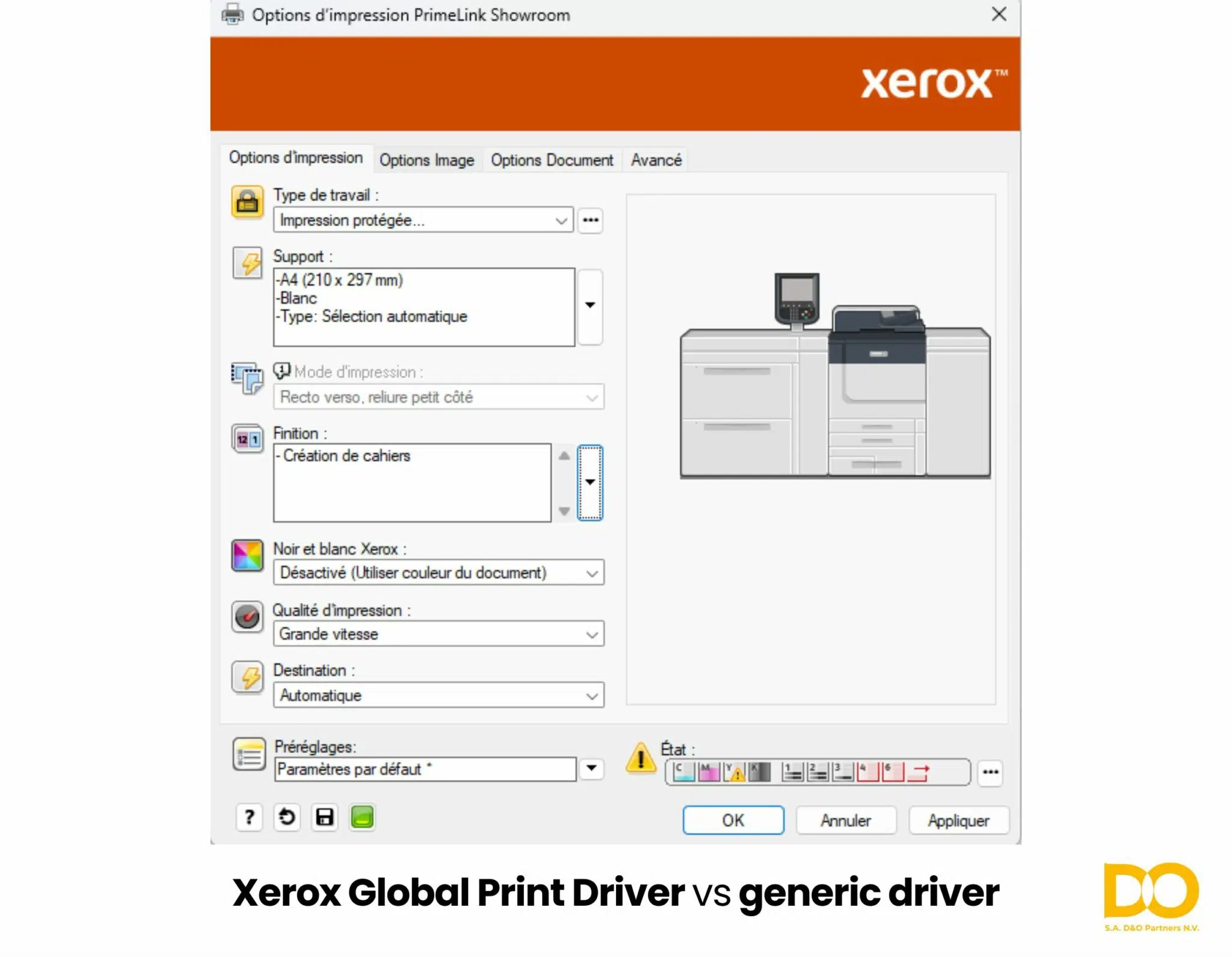 Illustration of the Xerox Global Print Driver in Belgium, representing advanced print management capabilities compared to generic drivers.