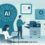 Illustration pour un article sur la manière dont Xerox utilise l’intelligence artificielle pour des flux de travail intelligents et sécurisés : des personnes travaillent avec une imprimante et un ordinateur portable, accompagnées de symboles IA représentant la sécurité, l’automatisation et l’efficacité.