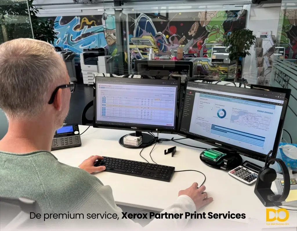 Afbeelding die Xerox Partner Print Services (XPPS) uitlicht, met professionele monitoring van printvloten, gecentraliseerd apparaatbeheer en premium functies op het vlak van beveiliging, duurzaamheid en productiviteit.