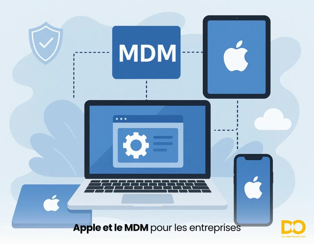Illustration des appareils Apple et de la gestion des appareils mobiles (MDM) pour les entreprises en Belgique, mettant en avant l’intégration fluide d’Apple en milieu professionnel.