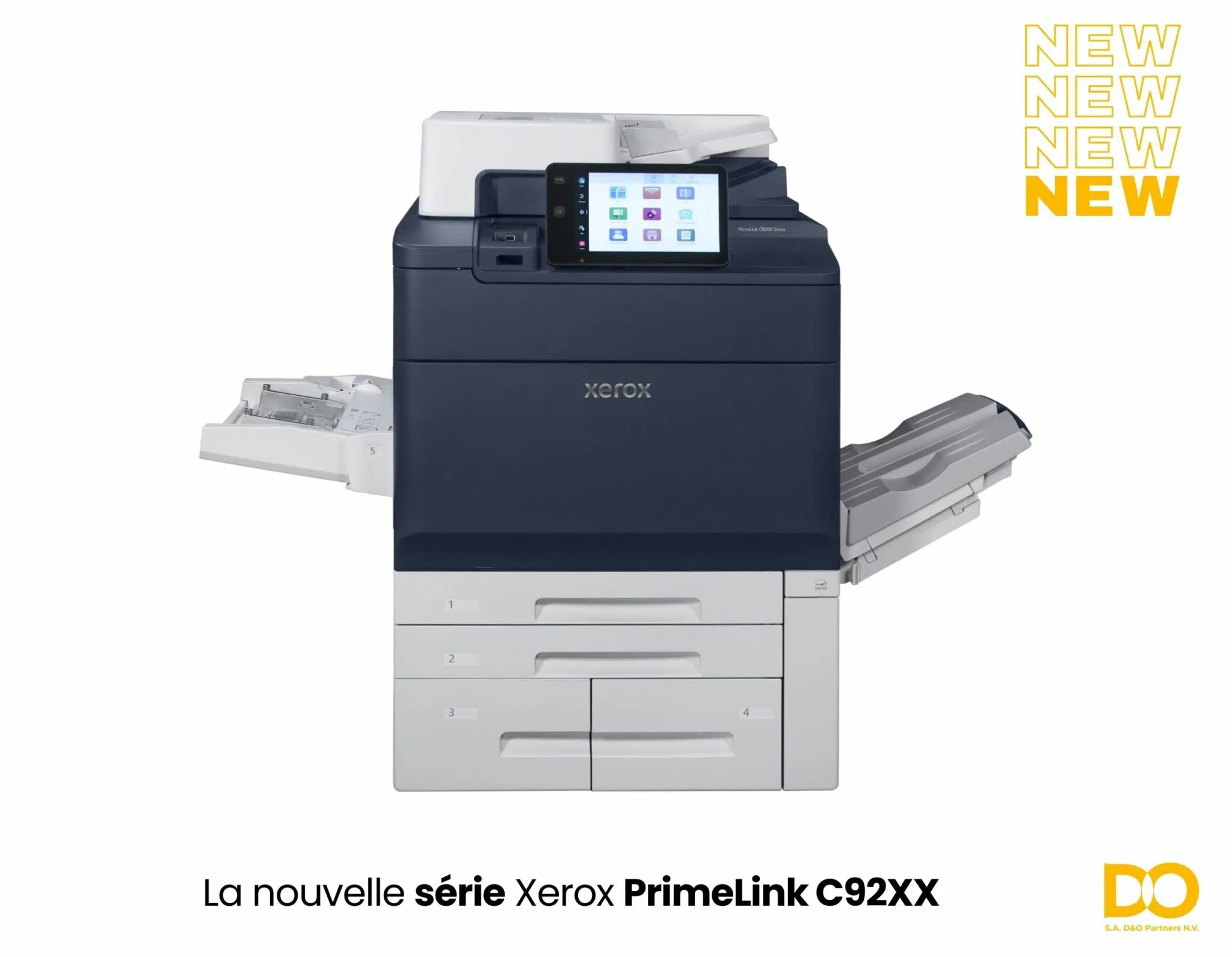 Image montrant la nouvelle série Xerox PrimeLink C9200, une imprimante couleur professionnelle avec panneaux tactiles, finitions haut de gamme et grande capacité de médias pour l’impression de production.