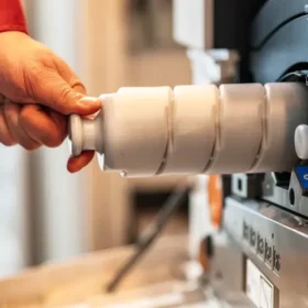 Hand of a technician holding a Xerox printer toner for replacement, in a very simple way, illustrating the reliable service and quality supplies of D&O Partners.