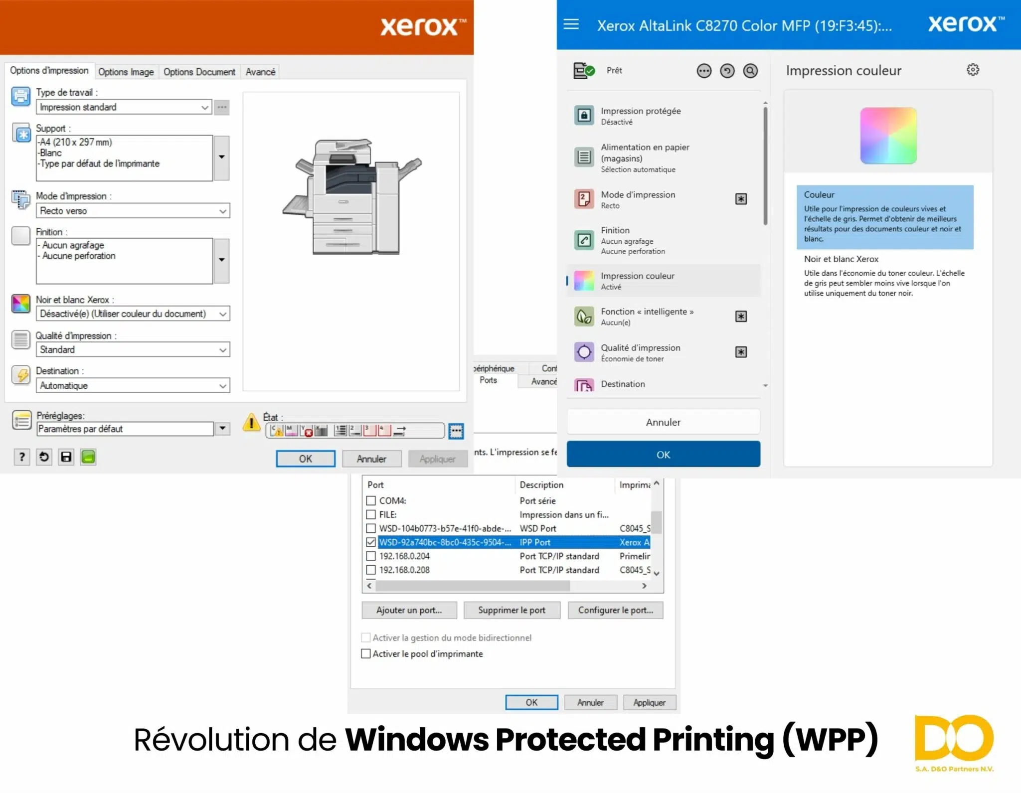 Des fenêtres d’impression et des pilotes Xerox, intitulé « Révolution de Windows Protected Printing (WPP) », illustrant le passage à l’impression sécurisée sans pilote grâce au support Xerox de Microsoft WPP.