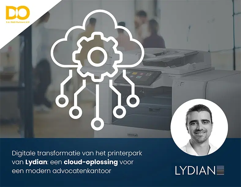 Illustratie van de samenwerking tussen Lydian en Xerox in België, die de digitale transformatie en modernisering van de printinfrastructuur bij het advocatenkantoor weergeeft.