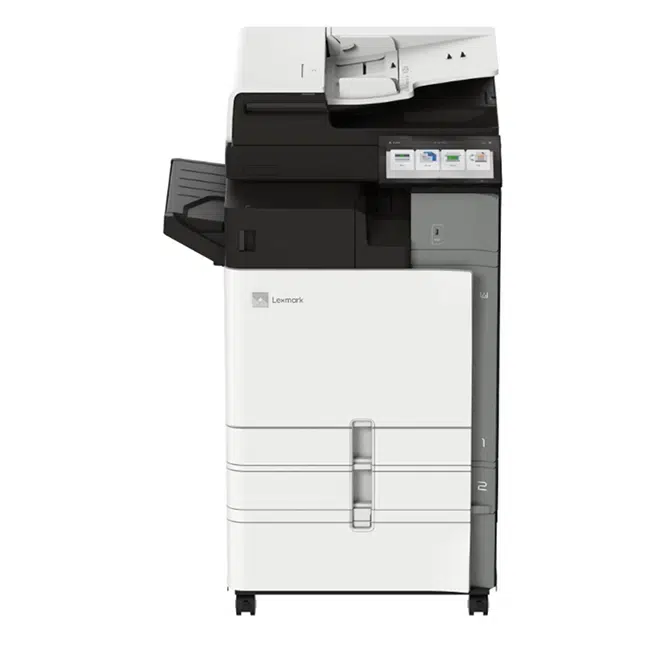Imprimante multifonction laser couleur Lexmark série CX95 format A3 vue de face, distribuée par D&O Partners en Belgique