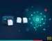 Illustratie van artificiële intelligentie in bedrijven: documenten stromen van een Xerox-multifunctional naar een AI-netwerk, met iconen voor veiligheid, tijdswinst en automatisering