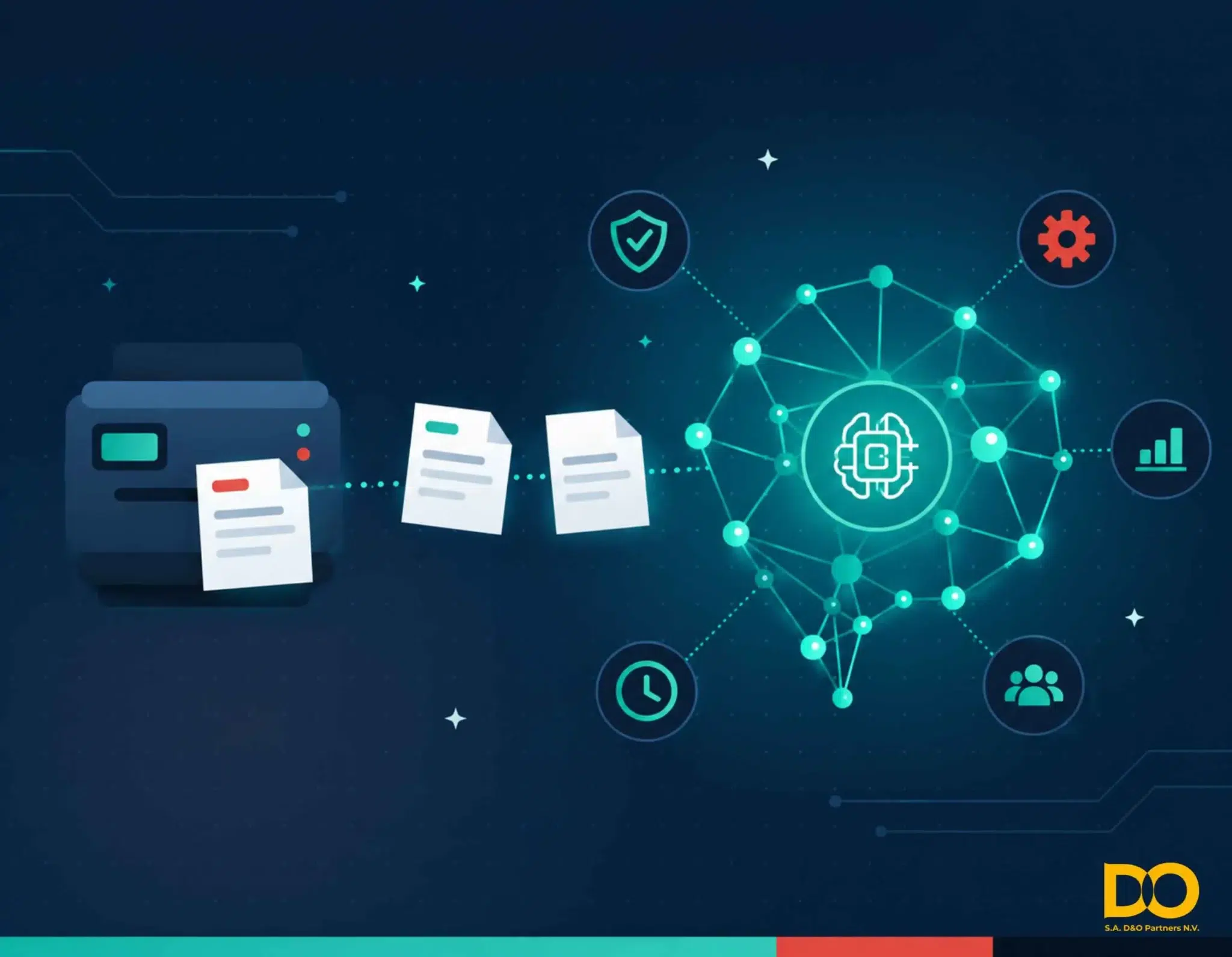 Illustration de l'intelligence artificielle en entreprise : documents circulant d'une imprimante multifonction Xerox vers un réseau d'IA, avec icônes de sécurité, gain de temps et automatisation