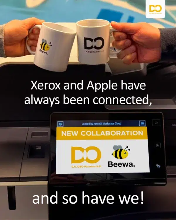 Two mugs with the D&O Partners and Beewa logos above a Xerox multifunction printer