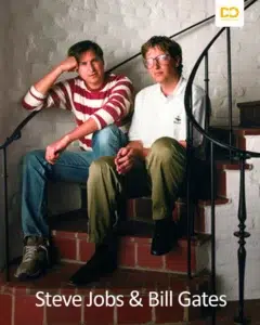 Steve Jobs and Bill Gates sitting together on a staircase