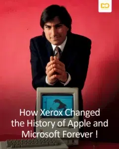 Steve Jobs en costume derrière un Macintosh sur fond rouge